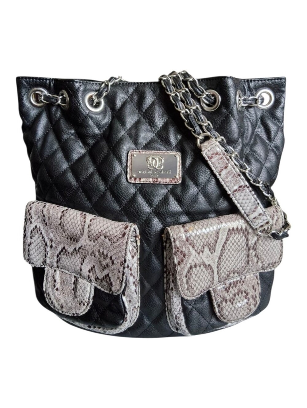 Sharif Black Quilted Leather Convertible Backpack Shoulder Bag with Snake Print